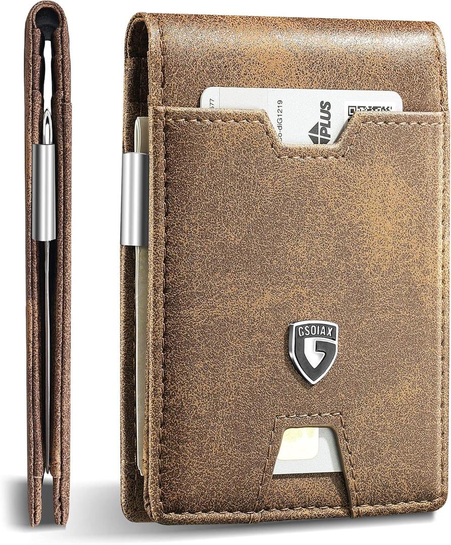 GSOIAX Men's Slim RFID Blocking Leather Wallet with Money Clip Minimalist Carbon Fiber Bifold Credit Card Holder 11 Card Slots Gift Box Included(Leather Brown)
