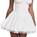 Women's Square Neck Bustier A-line Dresses Sleeveless Tank Top Lace Trim Stretch Flare Mini Dresses, Size M