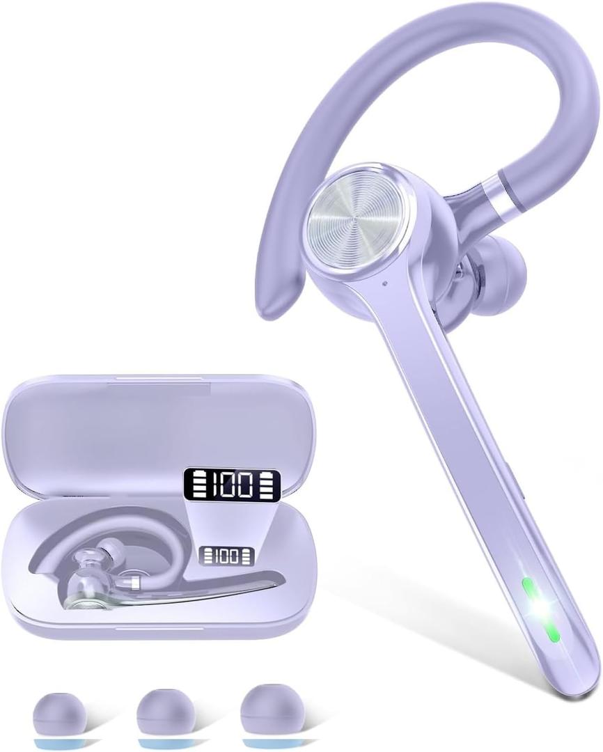 HEIBAS Bluetooth Headset, Wireless Bluetooth Earpiece with 500mAh Charging Case 72 Hours Talking Time Built-in Microphone for iOS Android Cell Phone, V5.1 Hand-Free Headphones for Trucker-Violet