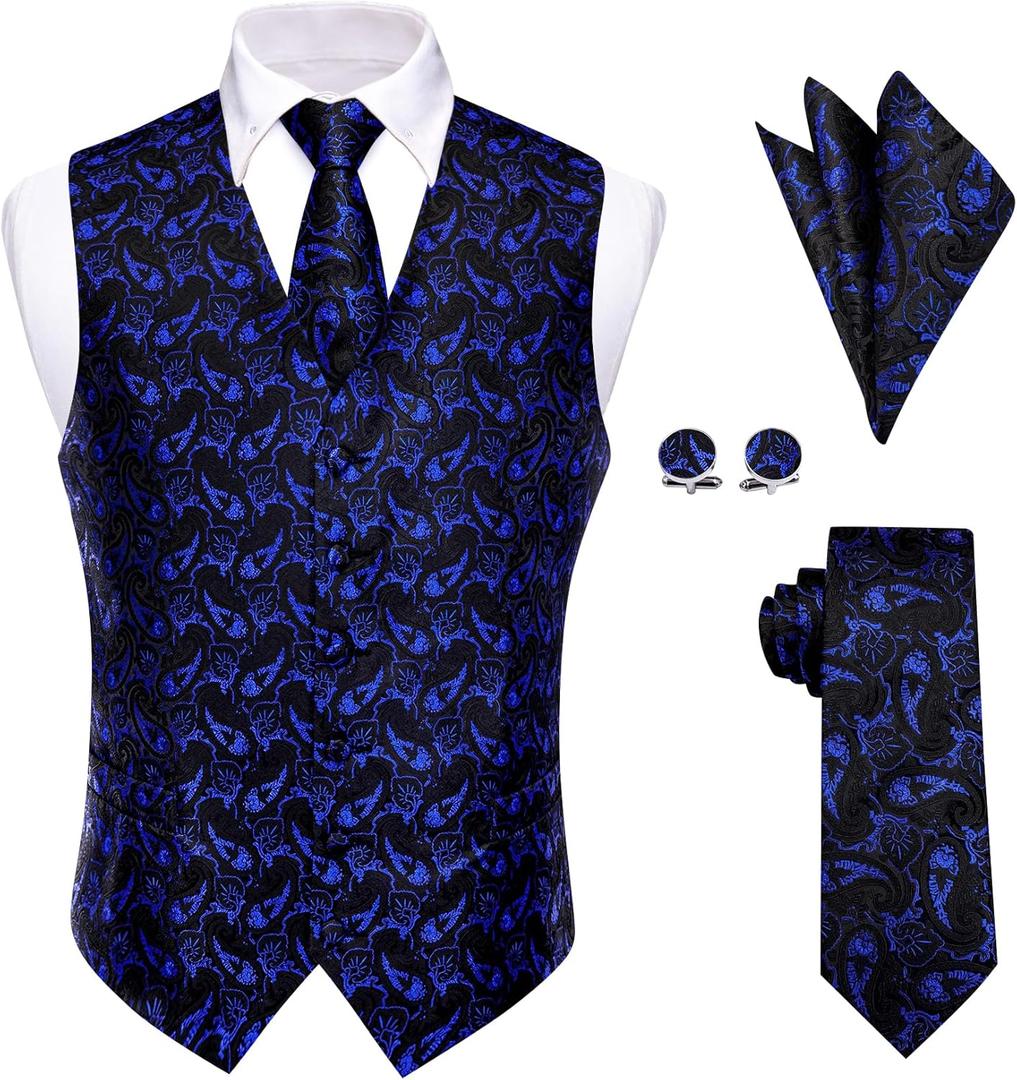 Mens Suit Vest 4PC Silk Paisley Vest with Necktie Pocket Square Cufflinks Formal Woven Waistcoat for Suit Tuxedo (Blue Black Floral)