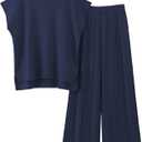 2 Piece Outfits for Women Sweater Sets Knit Vest Tops Elastic Waisted Pants (Small, Navy)