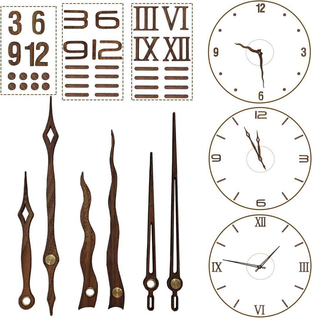 3 Sets Clock Hands and Numerals, CNYMANY Walnut Wood DIY Digital Clock Numbers Wall Clock Hands Replacement Parts, Clock Movement Mechanism Kit Clock Accessories Clock Repair
