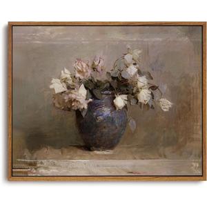 OIQArtOIQ Vintage Landscape Canvas Wall Art Framed Natural Scenery Painting Artwork Prints France Country Wilderness Farmhouse Decor Pictures Kitchen Bedroom Living Room Bathroom (8x10 in, White rose)