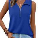 XIEERDUO Womens Summer Tops V Neck Collared Shirts Dressy Casual Ribbed Tank Top with Zipper Loose Fit (Medium, Blue)