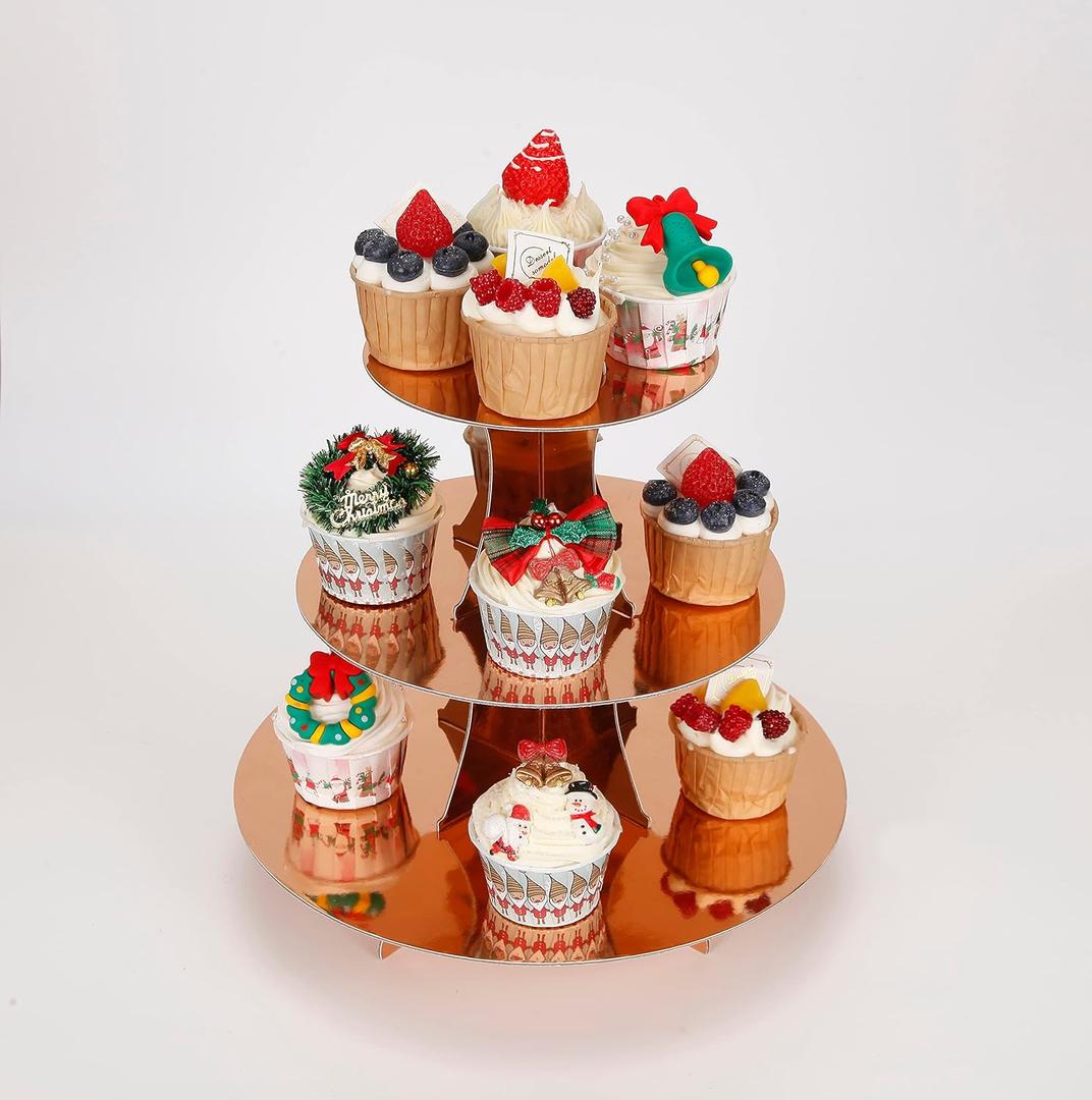 YLDW 3-Tier Cupcake Stand, Rose Gold Cardboard Cake Stand holder, Tiered DIY Cupcake Stand Tower for Dessert Table Displays, Birthday Theme Party Favors Decoration, Floral Tea Party, 12" W x 12.8" H