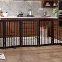 PUPETPO Freestanding Pet Gate for Dogs, Indoor Wooden Foldable Dog Gate for House, Extra Wide, Pet Fence for Stairs, Doorways, Halls, Support Feet Included, 120 Inch Wide, 6 Panels 32", Brown