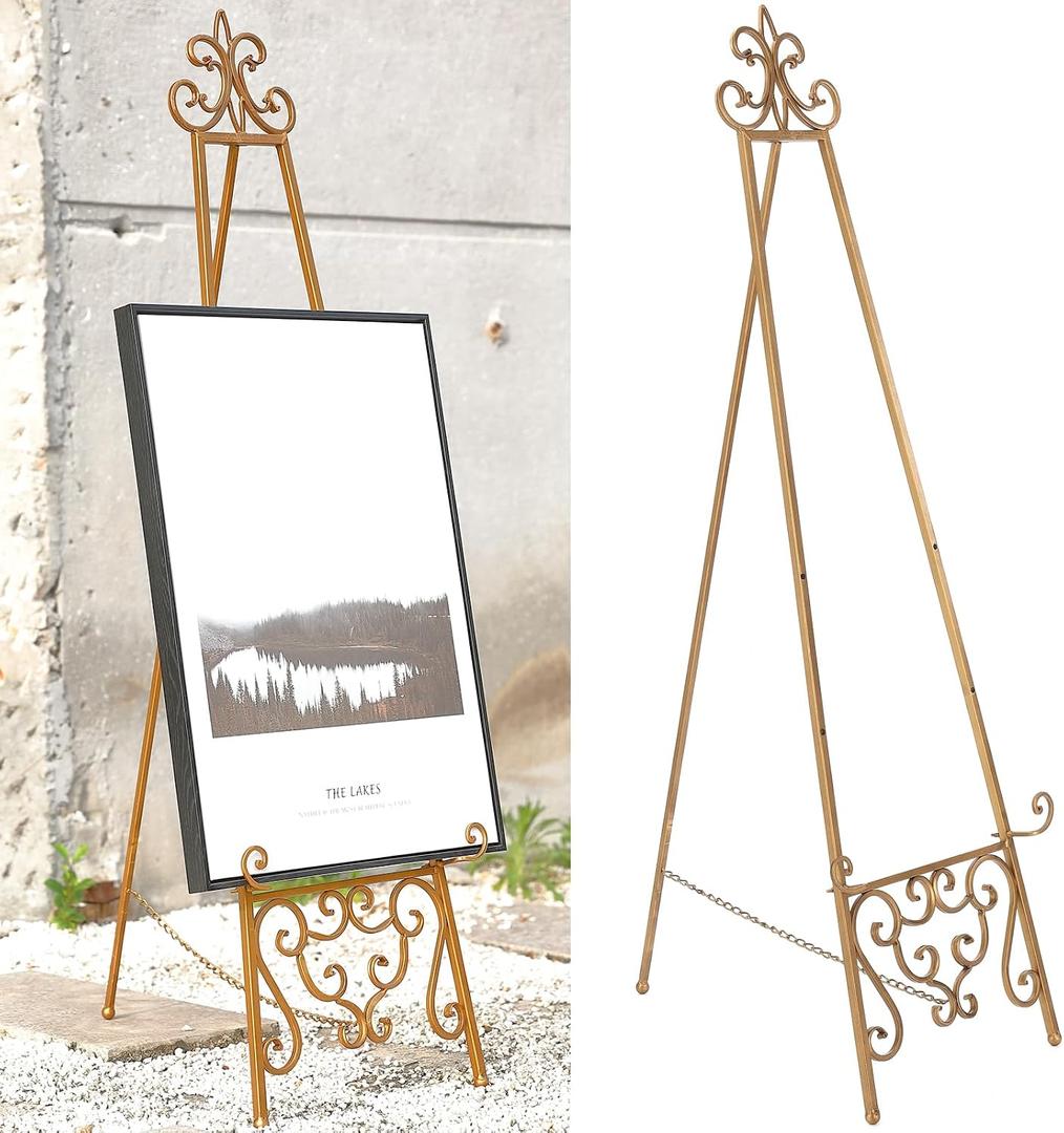 15"L x 25.5"W x 56.5"H Metal Scroll Extra Large Free Standing Adjustable Display Stand Easel with Chain Support, Heavy Duty Easel for Sign, Wedding, Picture Frame, Mirror, Gold (No Assembly Required)