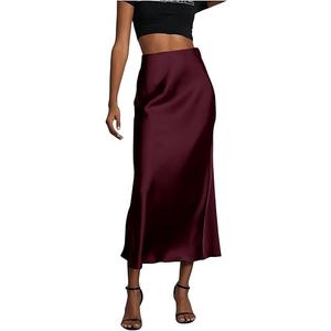 SOLY HUX Women's Elegant Satin Skirts High Waisted Flared Casual Work Office Fishtail Midi Skirt (Large, Red Violet)