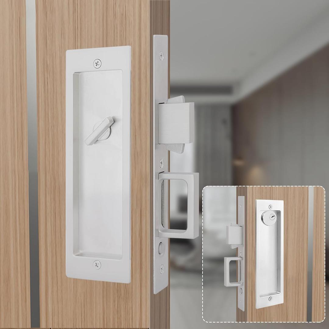 LWZH Privacy Pocket Door Lock Hardware, Hidden Handles, Privacy Pocket Door Lock with Push Automatic Bounce Switch (Silver, Lock with Key)