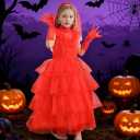 Girls Red Ghost Bride Costume Halloween Carnival Dress Up Cosplay Outfits (6-7Y)