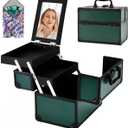 Makeup Train Case, Portable Makeup Case with Mirror, 2-Trays Cosmetic Organizer Case,Nail Polish Organizer, Travel Makeup Box, Profesional for Salon Barber, Green