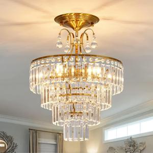 CVKASH 5 -15.3 Inch, Lights Crystal Gold Chandelier Fixture Modern Semi Flush Mount Ceiling Light with E12 Ceiling Lighting for Bedroom Living Room Kitchen Hallway Dining Room, D15.35 x H20.07