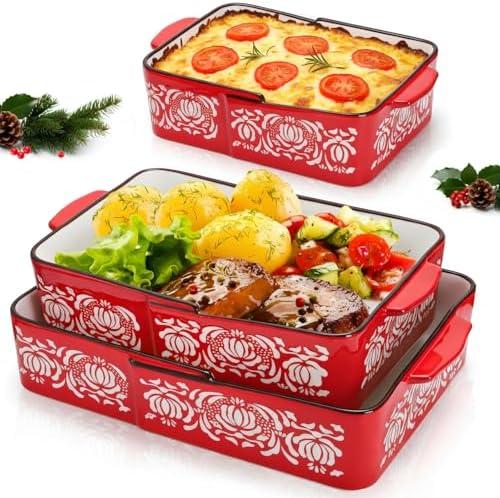 Eorbow Ceramic Baking Dish Set 2 Pack, Non-stick Deep Casserole Pans for Oven, Microwave & Dishwasher, Rectangular Lasagna Bakeware with Heat-Resistant Handles, 2 Sizes ( 12.8, 9.5 Inch) for Holiday Cooking Cake Pasta