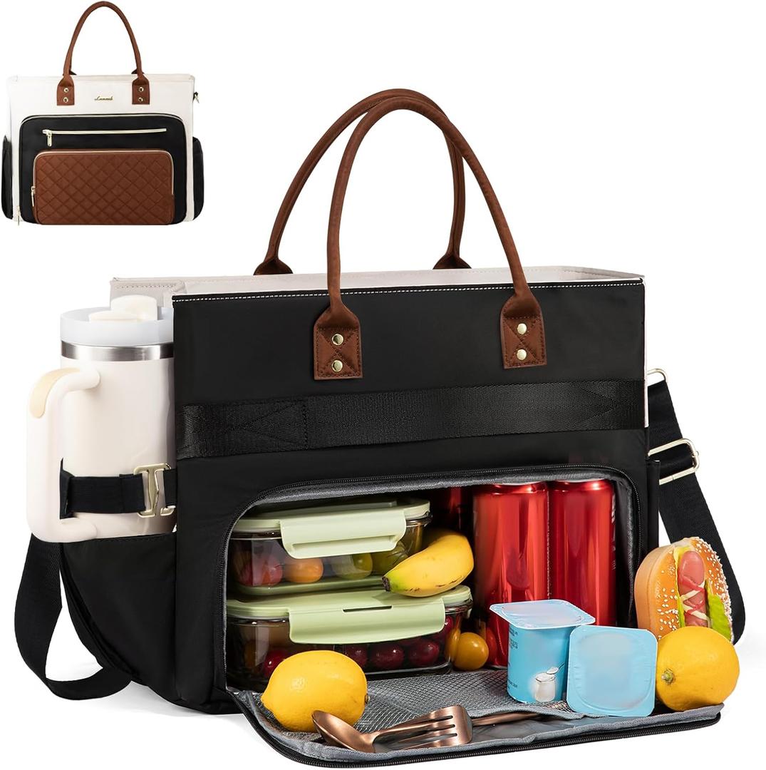 LOVEVOOK Insulated Lunch Bag, Large Capacity Tote with Lunch Compartment, Laptop Bag with Cup Holder, Work Bags for Women, Nurse Lunch Tote for Office, School, Picnic, 15.6 Inch Black-Beige-Brown