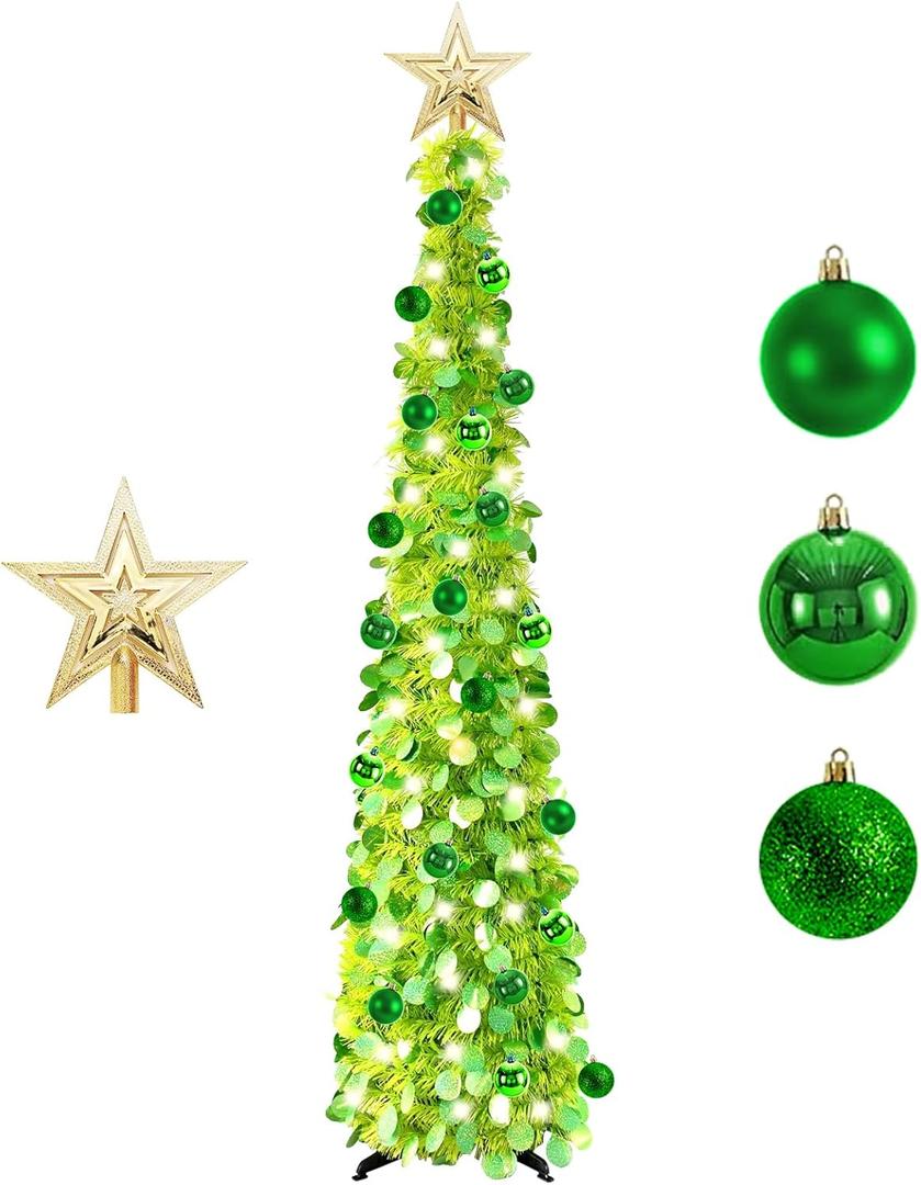 6FT Pop up Christmas Tree - Deeteck Fully Decorated Prelit Artificial Christmas Tree with Lights, Silver Top Star, Decorative Balls, Easy Assemble Collapsible Christmas Trees Decor for Outdoor Indoor (Green)