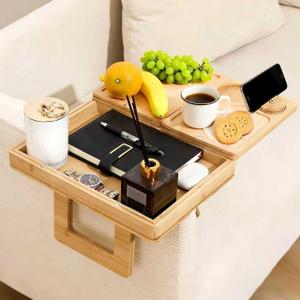 4 In 1 Bamboo Couch Arm Tray With Cup Holder, 360 Rotated Sofa Armrest Table for Couches, Armchair Caddy Organizer for Snacks & Drinks, Couch Arm Rest Table With Storage & Phone Holder for Living Room