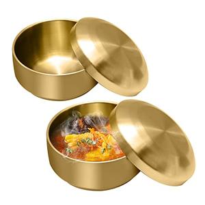 Aynaxcol Stainless Steel Rice Bowl with Lid, Set of 2, for Korean Kitchen Restaurant, Double-walled Metal Bowls, Multi-Purpose Insulated Soup Bowls Snacks Bowls (10.5cm Gold)