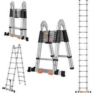 A Frame Telescoping Ladders 16.5 FT Stainless Steel,Telescopic Ladder 330lbs Capacity Compact Ladder with Balance Bar and Movable Wheels,Multi-Purpose Collapsible Ladder for Indoor Outdoor Work