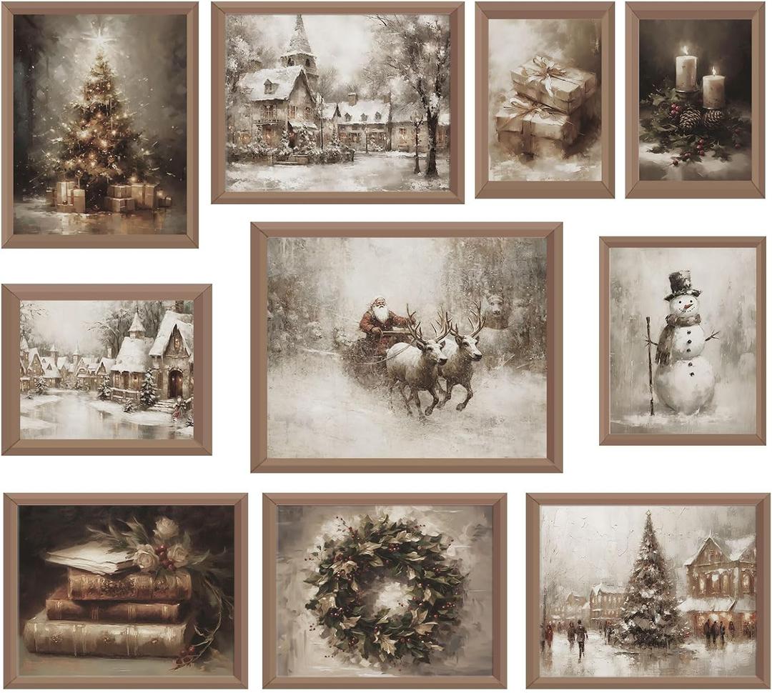 Whaline 10Pcs Christmas Vintage Wall Art Prints Retro Xmas Tree Santa Snowman Paper Posters Winter Rustic Picture Decoration For Party Gallery Living Room Office, Unframed