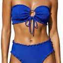 Women's Ruffle Bikini Set 2 Piece Swimsuit, Smocked Bandeau Top, High Waisted Bottom, Cheeky Coverage (Blue, L)