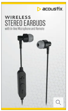 Acoustix Wireless Stereo Earbuds w In-Line Microphone and Remote (Black)