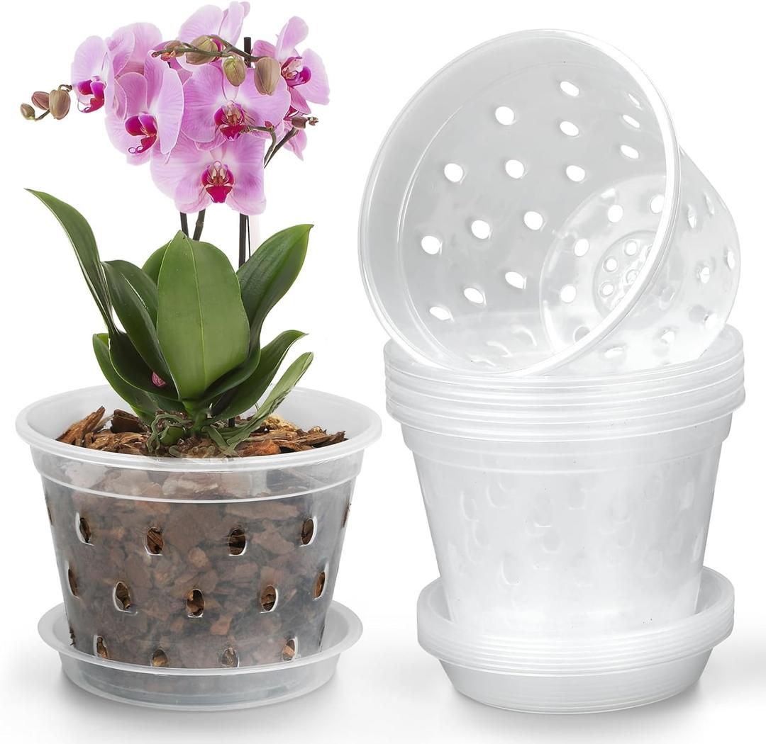 Orchid Pot, 8 Pack 5 Inch Orchid Pots with Holes and Saucers, Clear Plastic Flower Plant Pot for Indoor Outdoor Plants, Slotted Orchids Planter(5Inch)