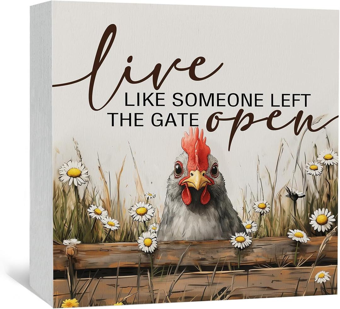 Chicken Rooster Decor Signs,Cottagecore Chicken Wooden Signs,Rustic Farmhouse Live Like Someone Left The Gate Open Wood Sign,Farm Animal Rooster Decor For Kitchen Office Bedroom