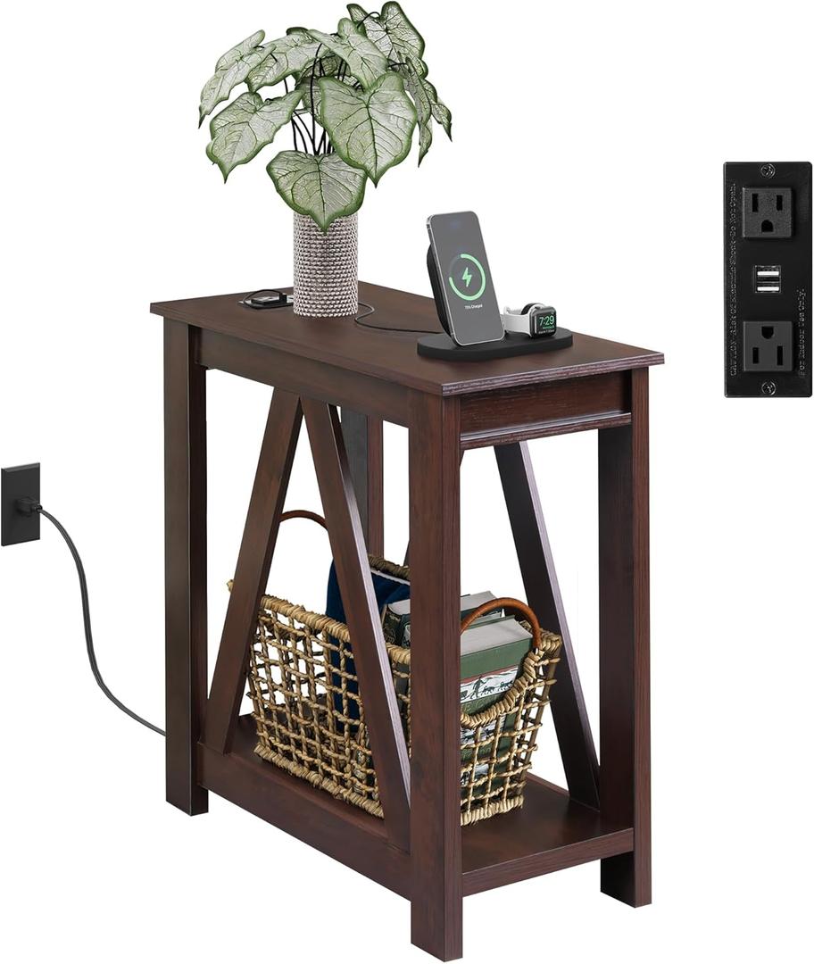 WLIVE Narrow End Table with Charging Station of Open Storage ShelfSofa Side Table with 2 USB Ports and 2 Power OutletsSlim Farmhouse End Table for Small SpacesBedroom, Living Room, Espresso
