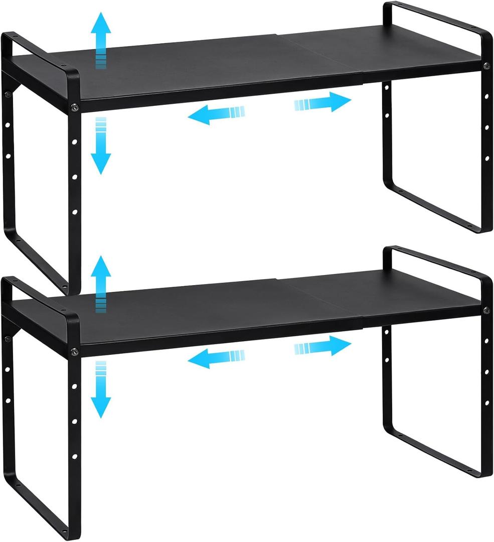 Set of 2 Expandable Cabinet Shelf Organizer, Stackable Kitchen Countertop Shelves Spice Racks, Small Metal Storage Shelf For Cupboard Counter Tabletop, 30 LBS Heavy Duty, Adjustable, 13.8" to 21.6" (Black)