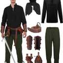 7 Pcs Men's Renaissance Costume Medieval Pirate Shirt Ankle Banded Pants Viking Costume Accessories Set (3X-Large)