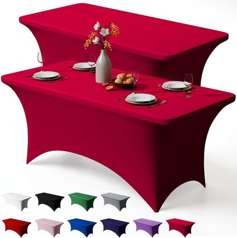 Trlyc 2 Pack 6FT Spandex Table Cloth - 72 x 30 Inch Rectangular Stretch Tablecloth, Wrinkle Resistant Scretch Table Cover for Wedding, Party, Banquet, Picnic, Outdoor Decoration (2Pcs,Burgundy)