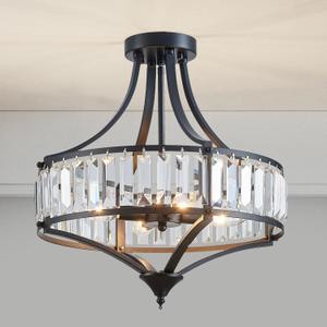 Black Crystal Chandelier Semi Flush Mount Ceiling Light Fixture Round Rustic Farmhouse 4-Light Mid Century Modern Chandelier for Hallway, Bedroom, Foyer, Entryway, Closet