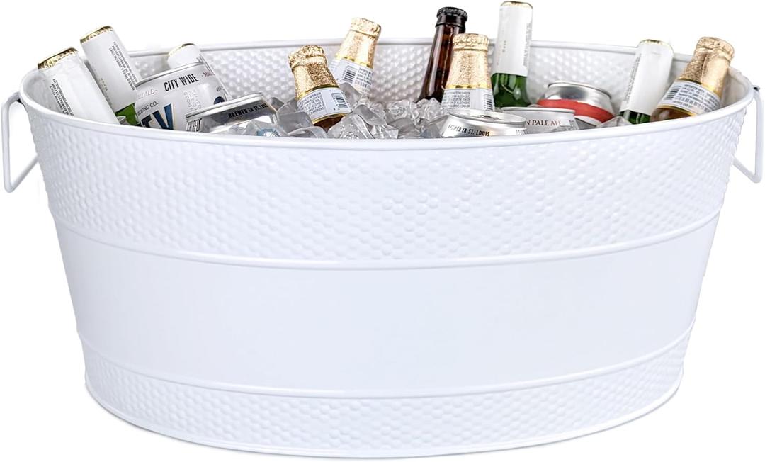 BREKX White Galvanized Beverage Tub for Parties, Metal Ice and Drink Bucket Beverage Tub, Large Drink Cooler for Parties Large 15-Bottle Wine Basket for Wedding Gift- 25QT (6 Gallon) Oval