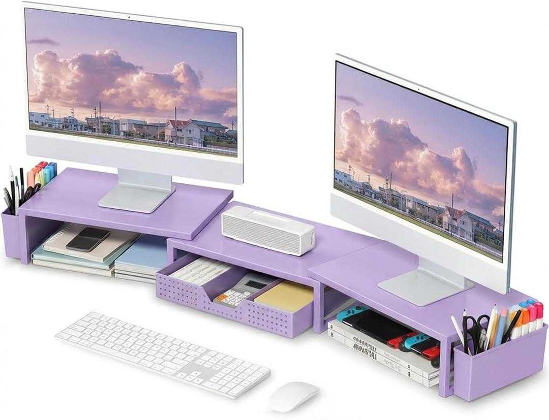OPNICE Purple Desk Organizers and Accessories, Dual Computer Monitor Stand Riser with Drawer and 2 Pen Holders, Office Desk Accessories, Workspace Desktop Organization for Office Supplies