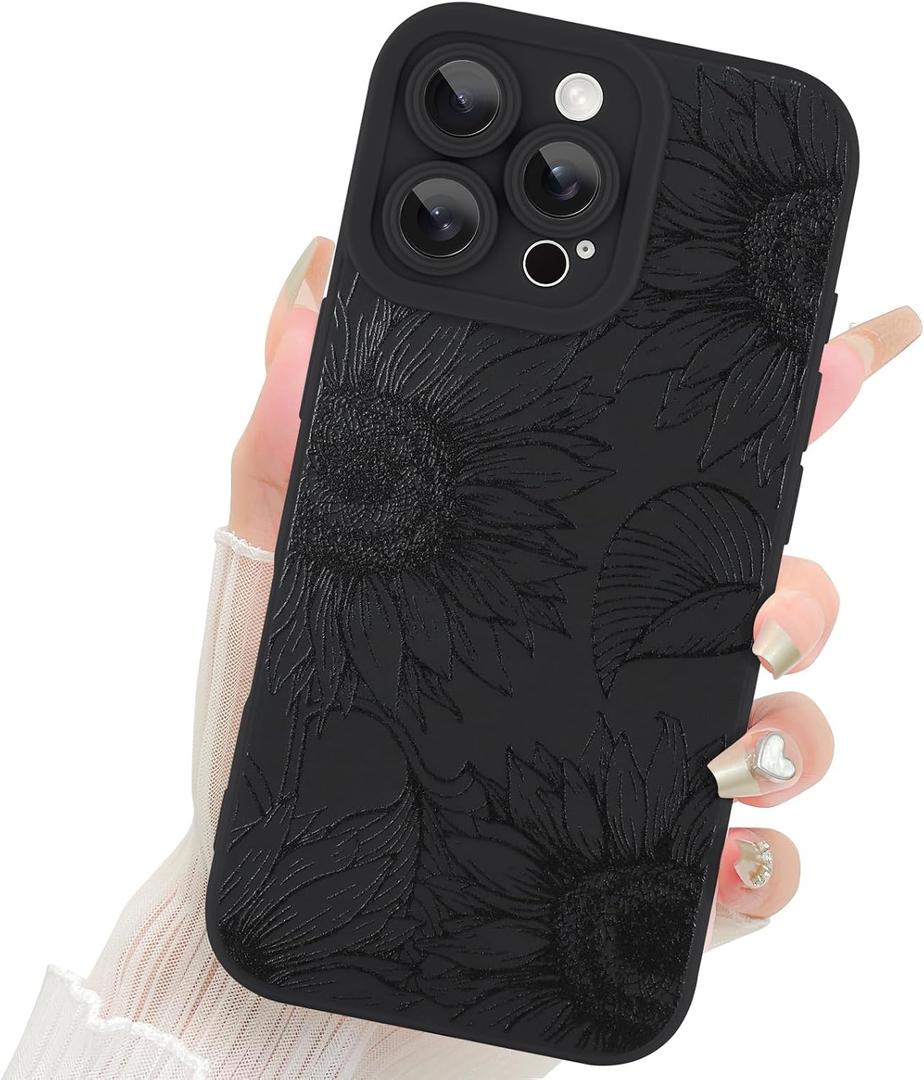 Fiyart Designed for iPhone 16 Pro Max Case Cute Flower Floral Sunflowers Design,Soft Slim TPU Anti-Scratch Phone Cover for Women Girls 6.9"-Black