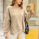 Zeagoo Women's Casual Sweatshirts Crewneck Long Sleeve Fuzzy Fleece Jackets Side Slit Midweight Pullover Fall Fashion 2025 (Light Khaki 01)