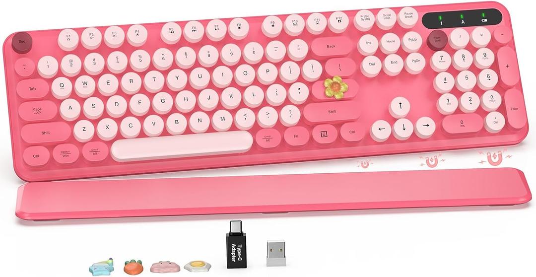 Wireless Keyboard, Round Keycaps, Retro Typewriter Keyboard with Detachable Wrist Rest, Sleep Mode, Foldable Legs, 2.4GHz Full-size Cordless Computer Keyboard for Windows/PC/Laptop (Colorful-Pink)