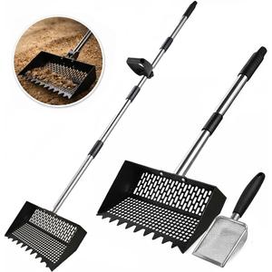 Chicken Poop Scooper & Rake 3-in-1, Adjustable Long Handle (3263"), 12" Wide Dual-Mesh Sifting Shovel + Mini Fine-Mesh Sifter Scoop, Stainless Steel Coop Litter Scoop for Sand/Shavings/Pellets