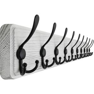 SKOLOO Coat Rack Wall Mounted - 38.3'' Long, Wooden, Heavy Duty, Rustic Coat Hooks for Wall, Wall Coat Rack with 10 Triple Hooks for Hanging Clothes, Jacket, Hat (Weathered White)