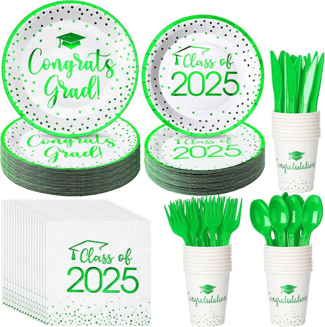 175pcs Class of 2025 Graduation Plates and Napkins Set, Disposable Paper Plate Set Polka Dots Napkin Cups Knife Fork Spoon for Graduation Party Decorations and Supplies,Serve 25 (White Green)