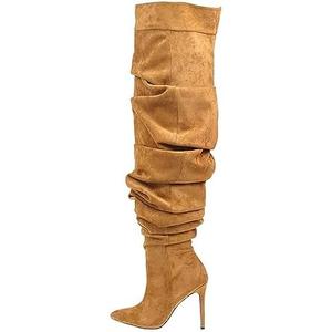 THESHY Women's Slouchy Over The Knee Boots Denim Pointed Toe Stiletto Heel Thigh High Boots Pleated Tall Fashion Sexy Bootie. Size 40