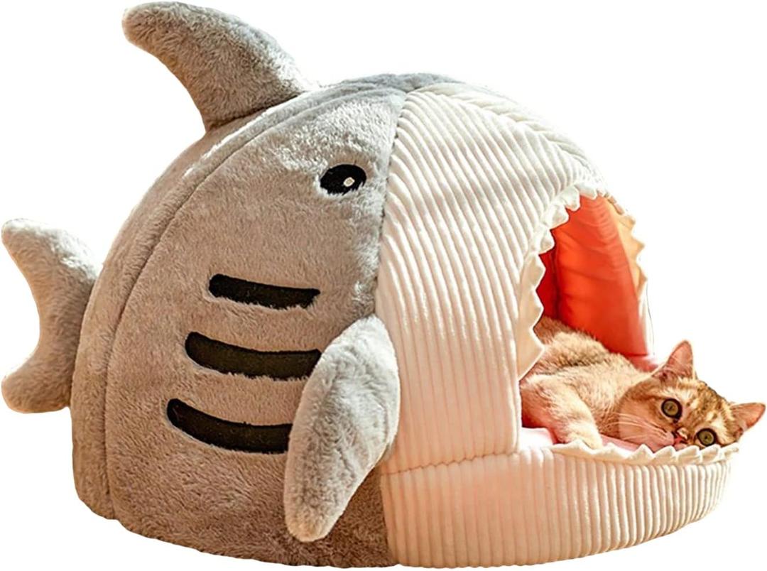 QWINEE Cat Mat Shark-Shaped Kennel Kitten Bed Hideout House Warm Soft Comfortable Semi-Closed Cat Dog Nest Grey Small