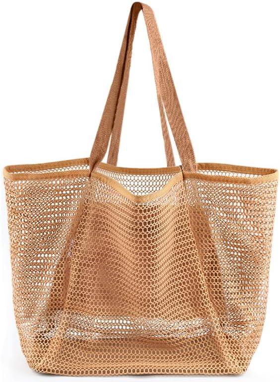 Beach Bags for Women, Summer Travel Mesh Tote Bag with Large Inner Pocket, Sandproof Woven Shoulder Handbag (Tan)