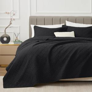 EXQ Home Quilt Set Twin Size Black 2 Piece,Lightweight Soft Coverlet Modern Style Squares Pattern Bedspread Set for All Season(1 Quilt,1 Pillow Shams)