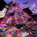 23Ft Light Up Spider Web Halloween Decorations Outdoor, 180 Orange and Purple LED Giant Web, 24 Spiders & 60g Stretch Cobweb Decor, 8 Modes Scary Lights for Outdoor Yard