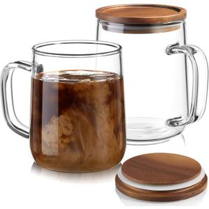 Glass Coffee Mugs, 14 oz Glass Coffee Cups with Acacia Wood Lids, Clear Borosilicate Glass Mugs with Handles for Cappuccino, Tea, Latte, Hot/Cold Beverages, Wine, Americano, Set of 2