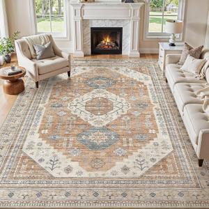 9x12 Washable Area Rug, Large Rugs for Living Room Stain Resistant Non Slip Backing Soft Low Pile Vintage Carpet for Bedroom Dining Room Kid & Pet Friendly Home Decor - Orange