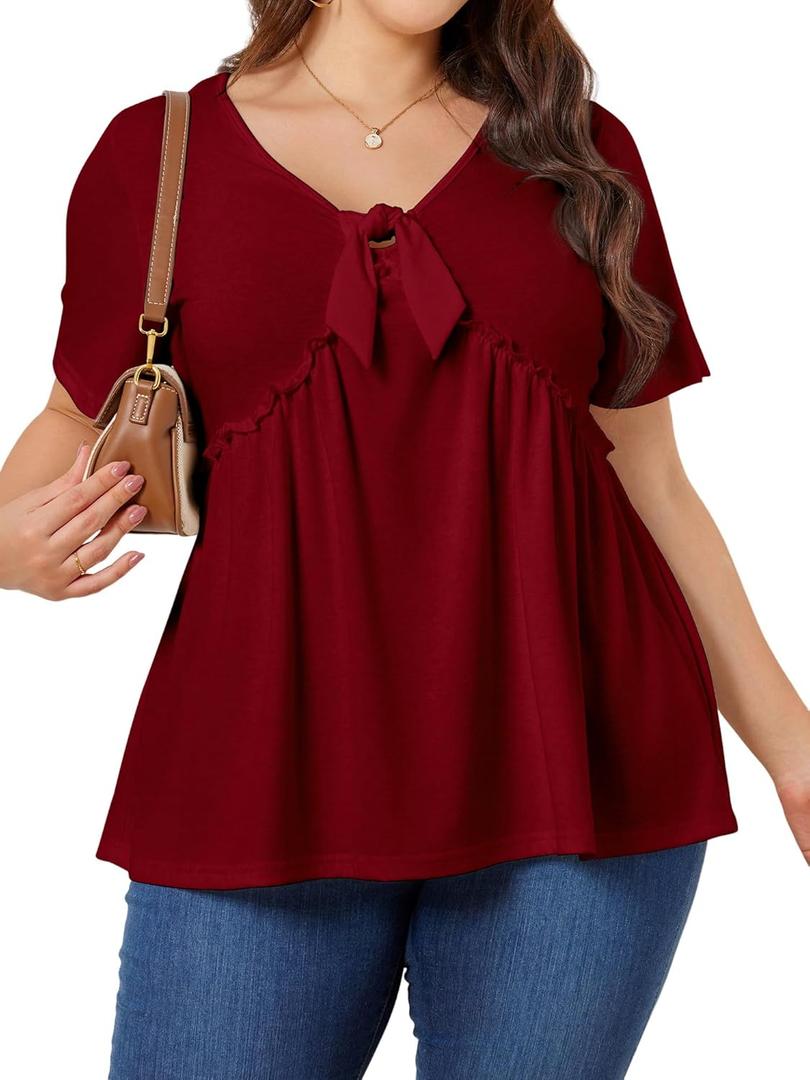 Womens Plus Size Tops Short Sleeve Tunic Wrap Top Cute Peplum Blouse Dressy Casual (3XL)