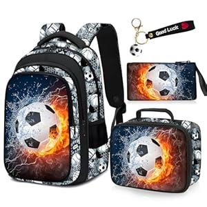 Fitvc School Backpack for Boys - 4pcs Soccer Boys Backpack with Lunch Box Set for Kids Children Teens Elementary Middle School - 17″ Sport Bookbag Travel Back Pack for Age 6-18