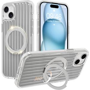 Phone Case Compatible with iPhone 15, with Magnetic Stand, Ring Kickstand, Compatible with Magsafe, Military Protection Silver